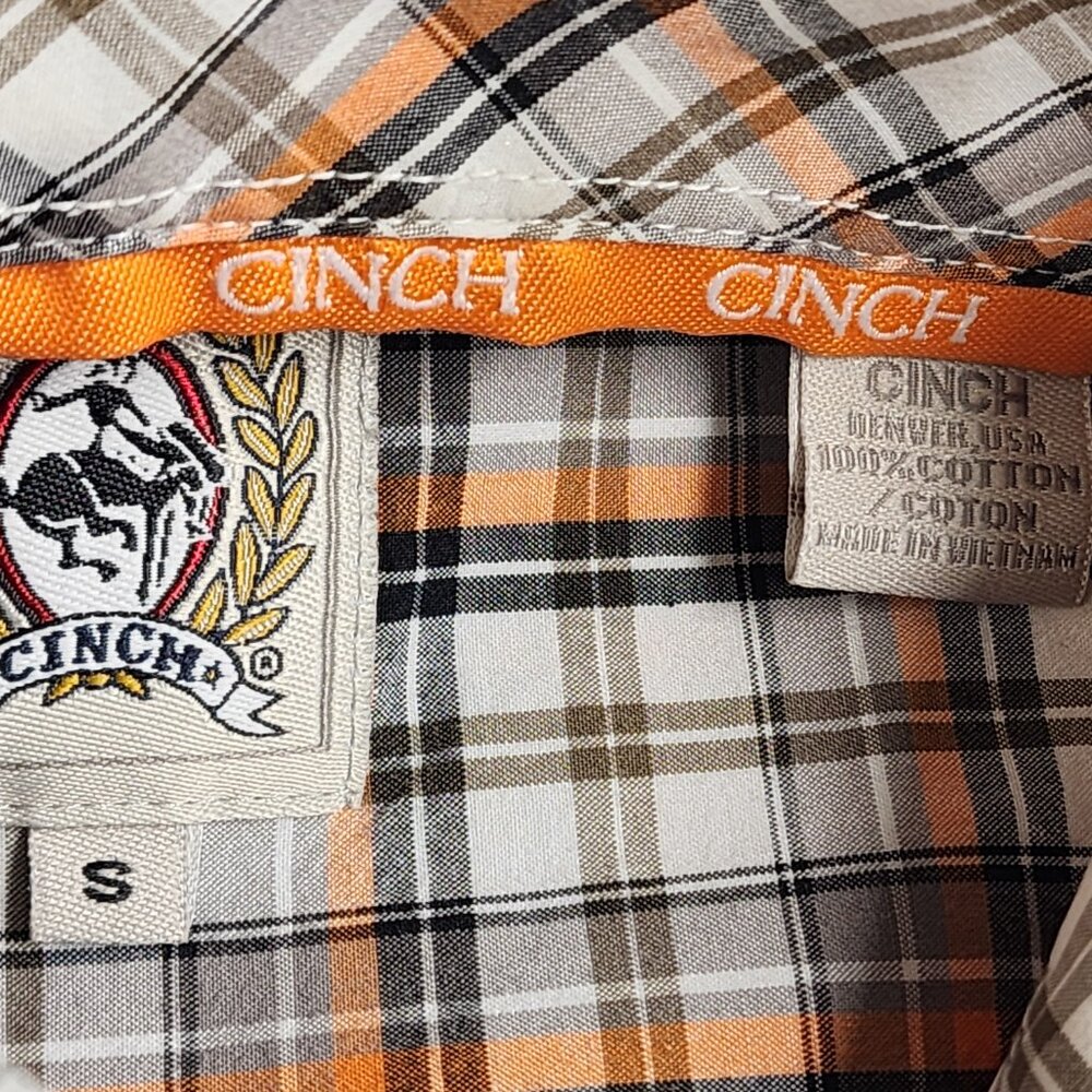 Cinch Shirt Mens S Small Orange GrayPlaid Button Down Long Sleeve Western Cotton - Picture 3 of 8